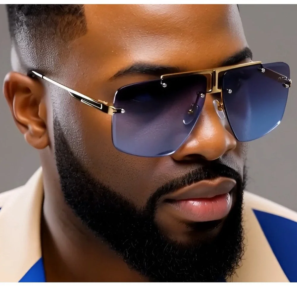 Rimless Sunglasses‎ Men Square Navy Blue Lens Gold Frame Fashion Shades Lentes